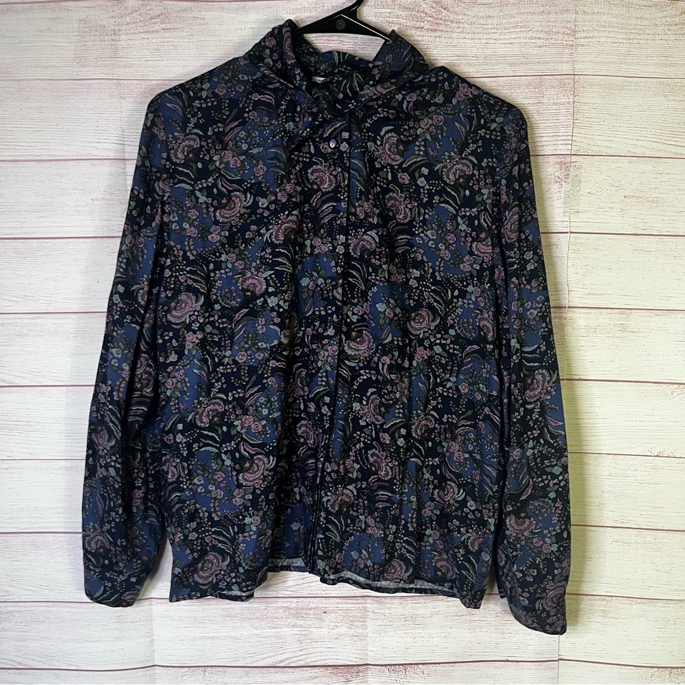 Pendleton Blue Floral Button Up 100% Rayon Blouse Size 8P